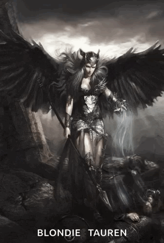 A Black And White Painting Of A Woman With Wings And The Name Blondie Tauren On The Bottom GIF