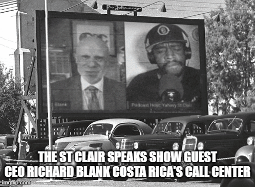a black and white photo of a billboard with a caption that says " the st clair speaks show guest "