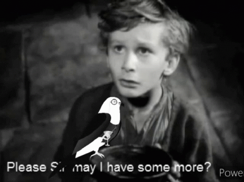 A Black And White Photo Of A Boy And A Bird With The Words " Please Sir May I Have Some More " Below Him GIF