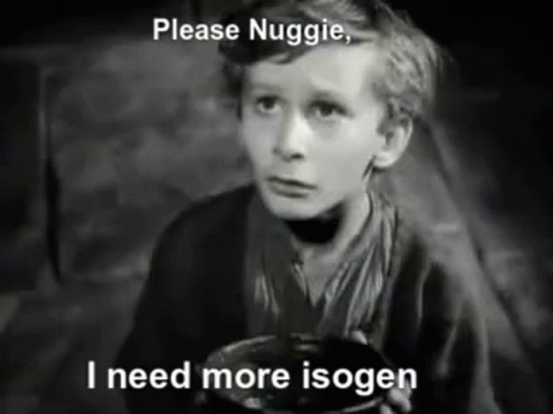 A Black And White Photo Of A Boy Holding A Bowl Of Food With The Caption Please Nuggie I Need More Isogen GIF