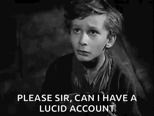 A Black And White Photo Of A Boy Holding A Bowl With The Caption I Want Some More Please Sir Can I Have A Lucid Account GIF