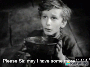 A Black And White Photo Of A Boy Holding A Bowl With The Caption " Please Sir May I Have Some More Mmr ? " GIF