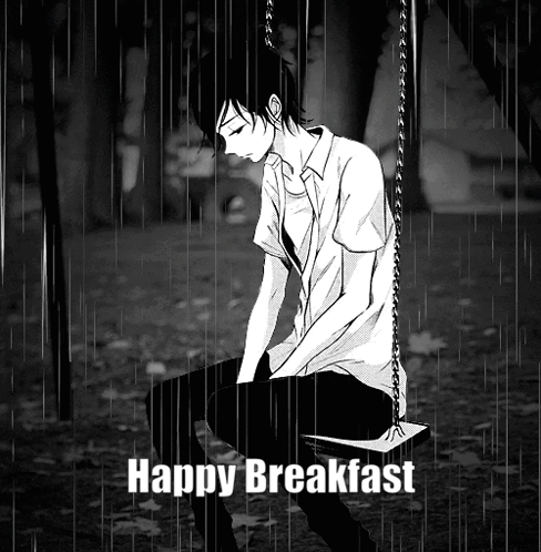 a black and white photo of a boy sitting on a swing in the rain with the words happy breakfast below him