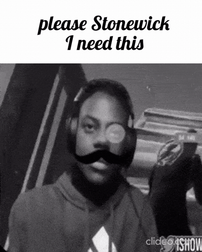 A Black And White Photo Of A Boy With A Mustache And The Words Please Stonewick I Need This At The Top GIF