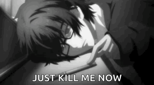 A Black And White Photo Of A Boy With Glasses Laying On The Floor With The Words `` Just Kill Me Now '' Written Below Hi GIF