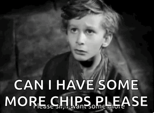A Black And White Photo Of A Boy With The Words " Can I Have Some More Chips Please " GIF