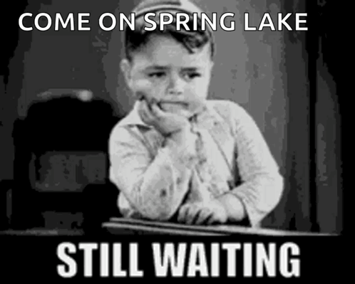 A Black And White Photo Of A Boy With The Words Come On Spring Lake Still Waiting Below Him GIF