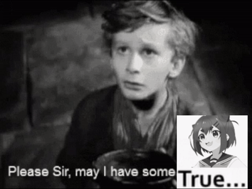 A Black And White Photo Of A Boy With The Words " Please Sir May I Have Some True " Next To Him GIF