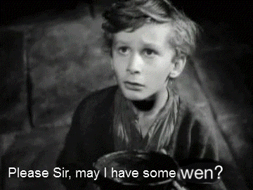 A Black And White Photo Of A Boy With The Words Please Sir May I Have Some Wen GIF