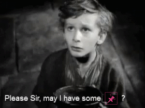 A Black And White Photo Of A Boy With The Words Please Sir May I Have Some Written Below Him GIF
