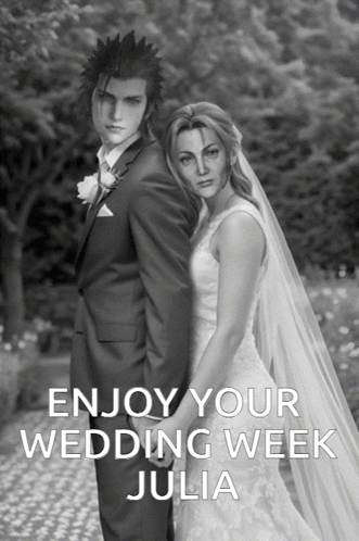A Black And White Photo Of A Bride And Groom With The Text Enjoy Your Wedding Week Julia GIF