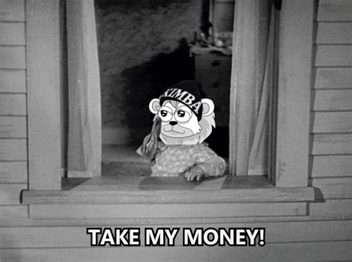 A Black And White Photo Of A Cartoon Character Asking To Take His Money GIF