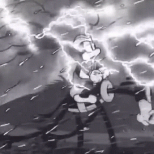 A Black And White Photo Of A Cartoon Character Being Struck By Lightning . GIF