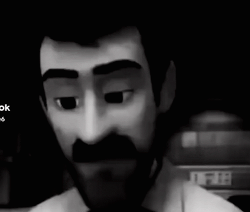 a black and white photo of a cartoon character with a beard and big eyes .