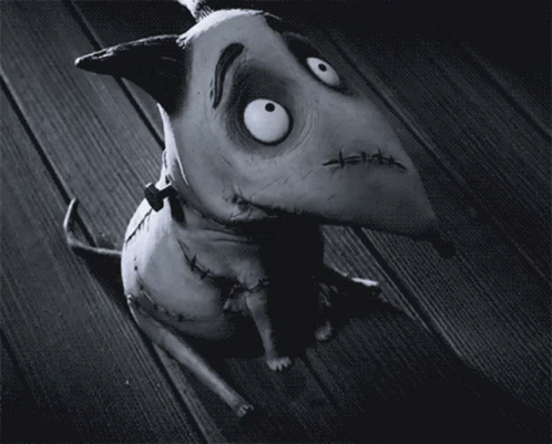 A Black And White Photo Of A Cartoon Dog With Stitches On His Face GIF