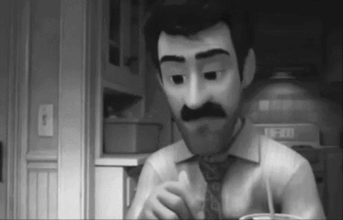 A Black And White Photo Of A Cartoon Man With A Mustache Eating A Meal . GIF