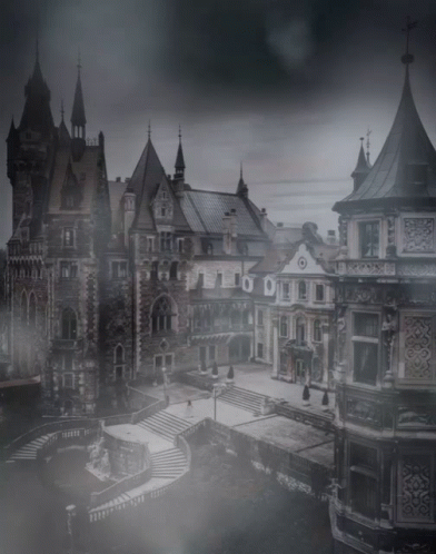 A Black And White Photo Of A Castle With Stairs GIF