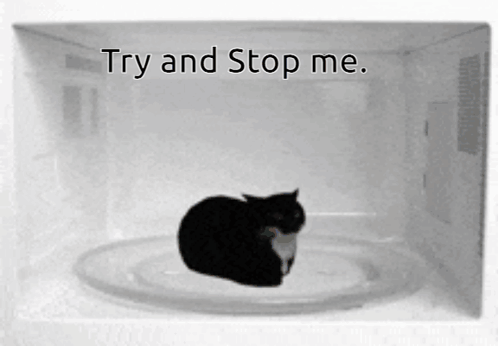 A Black And White Photo Of A Cat In A Microwave With The Words " Try And Stop Me " Above It GIF