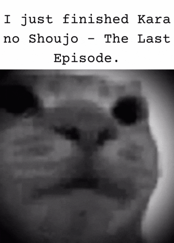 a black and white photo of a cat with the words " i just finished kara no shoujo - the last episode " below it