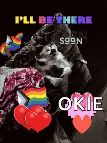 A Black And White Photo Of A Cat With The Words I 'Ll Be There Soon Okie GIF