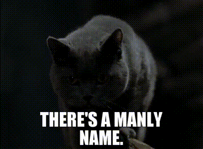 A Black And White Photo Of A Cat With The Words " There 'S A Manly Name " Written Below It GIF