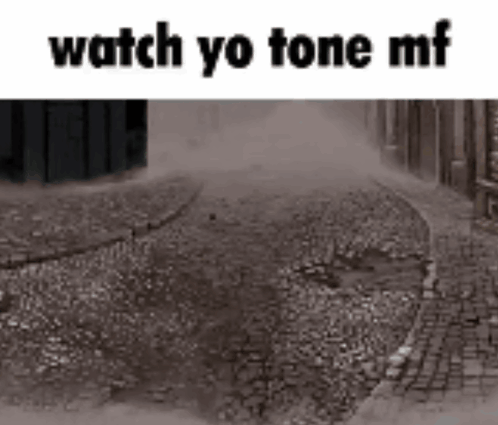 A Black And White Photo Of A Cobblestone Street With The Words `` Watch Yo Tone Mf '' Written On It . GIF