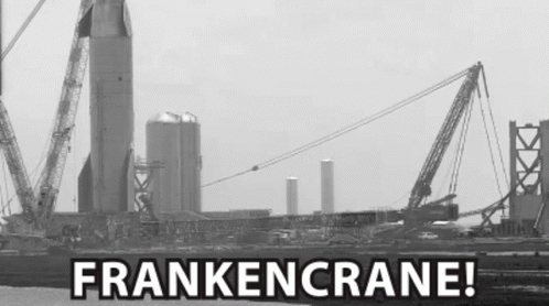 A Black And White Photo Of A Construction Site With The Words Frankencrane Written In White Letters . GIF