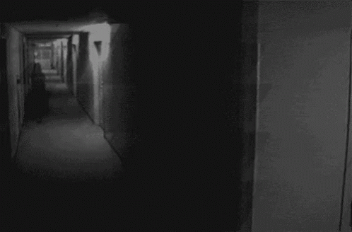 A Black And White Photo Of A Dark Hallway With A Person Walking Down It GIF