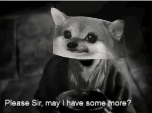 A Black And White Photo Of A Dog With A Paper Bag On Its Head And The Words Please Sir May I Have Some More GIF