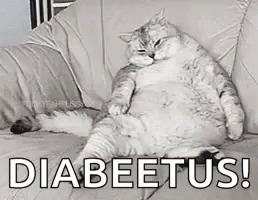 A Black And White Photo Of A Fat Cat Sitting On A Couch With The Words `` Diabeetus '' Written On It . GIF