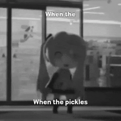 A Black And White Photo Of A Girl Standing In Front Of A Glass Door With The Words `` When The Pickles '' . GIF