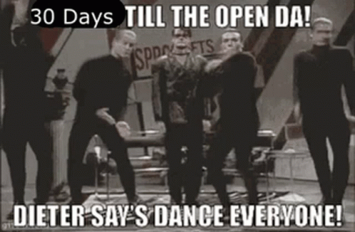 A Black And White Photo Of A Group Of Men Dancing With The Caption 30 Days Till The Open Da Dieter Say 'S Dance Everyone GIF