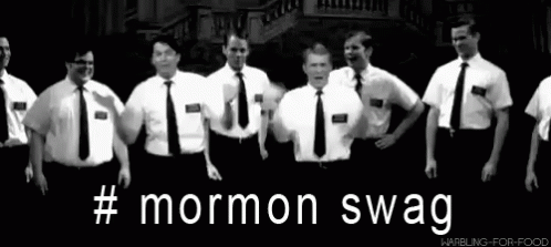 A Black And White Photo Of A Group Of Men With The Words #Mormon Swag On The Bottom GIF