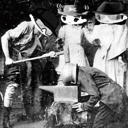 A Black And White Photo Of A Group Of People With Cartoon Faces On Them . GIF