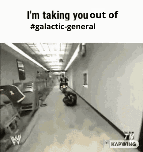 A Black And White Photo Of A Hallway With The Words `` I 'M Taking You Out Of # Galactic-General '' . GIF
