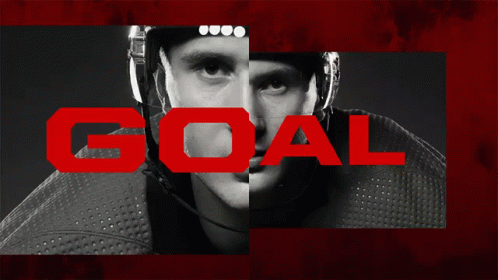 A Black And White Photo Of A Hockey Player With The Word Goal In White GIF