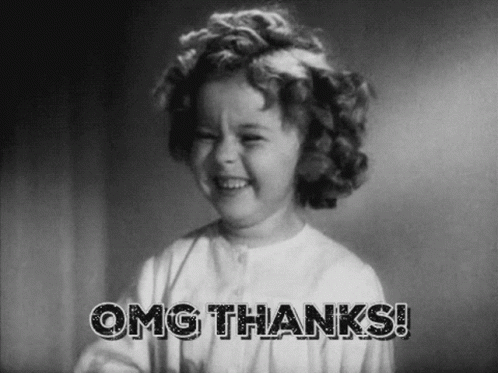A Black And White Photo Of A Little Girl Saying `` Omg Thanks ! '' GIF