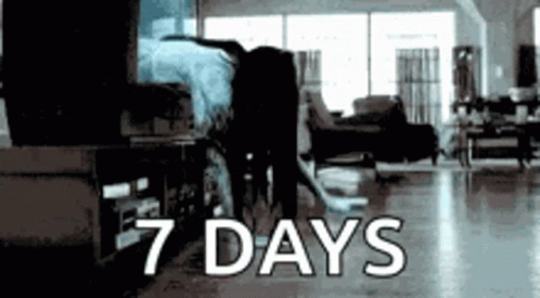 A Black And White Photo Of A Living Room With The Words 7 Days GIF