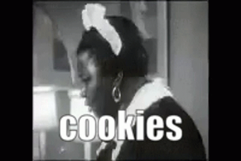 A Black And White Photo Of A Maid With The Words Cookies Written In White Letters GIF