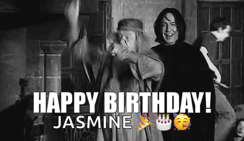 A Black And White Photo Of A Man And A Woman Dancing With The Words `` Happy Birthday Jasmine '' Written On It . GIF