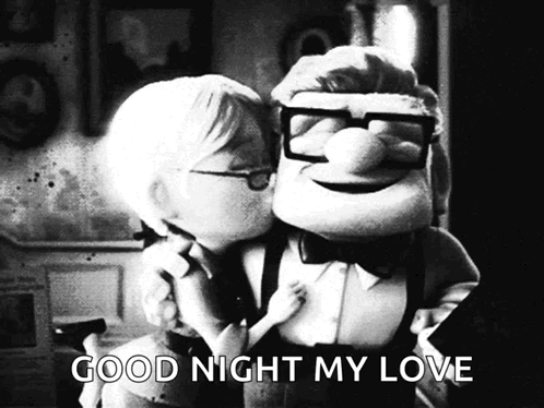 A Black And White Photo Of A Man And A Woman Kissing With The Words " Good Night My Love " Above Them GIF