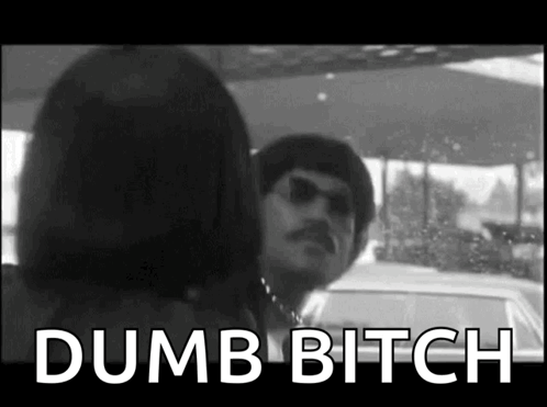 A Black And White Photo Of A Man And A Woman With The Words Dumb Bitch On The Bottom GIF