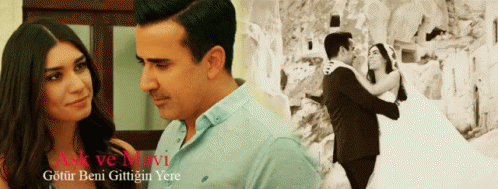 A Black And White Photo Of A Man And A Woman With The Words " Gotur Beni Gittigin Yere " GIF