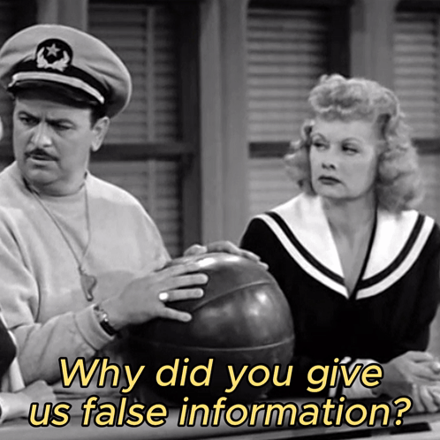 A Black And White Photo Of A Man And A Woman With Why Did You Give Us False Information GIF