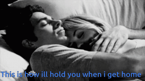 A Black And White Photo Of A Man And Woman Hugging With The Words " This Is How Ill Hold You When I Get Home " GIF