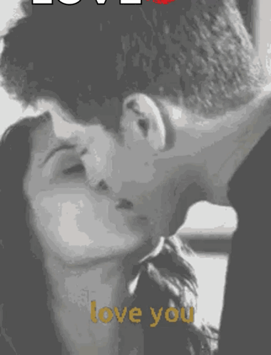 A Black And White Photo Of A Man And Woman Kissing With The Words " Love You " Written On The Bottom GIF