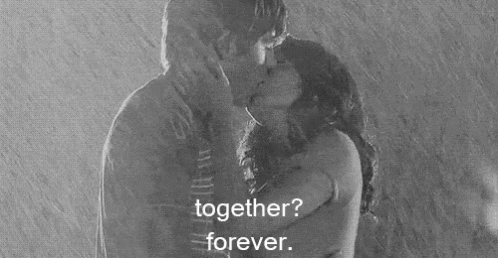 A Black And White Photo Of A Man And Woman Kissing With The Words Together Forever Below Them GIF