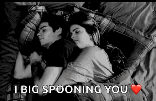 A Black And White Photo Of A Man And Woman Sleeping On A Bed With The Caption I Big Spooning You . GIF