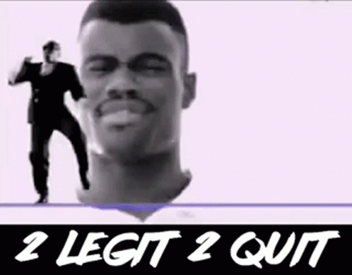 A Black And White Photo Of A Man Dancing With The Words `` 2 Legit 2 Quit '' Written Below Him . GIF