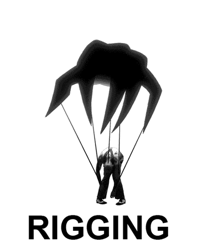 A Black And White Photo Of A Man Holding A Parachute With The Word Rigging Written Below Him GIF